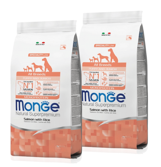 Monge Salmon & Rice Puppy – מונג’ סלמון ואורז לגורי כלבים | חבילת מבצע 2 שקים (12 ק"ג כל שק)