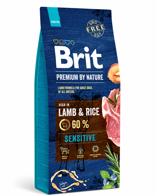 Brit Premium by Nature Sensitive Lamb & Rice – בריט פרימיום כבש ואורז לכלבים בוגרים, 15 ק״ג