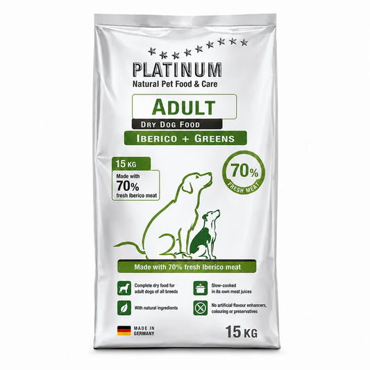 פלטינום איבריקו וירקות לכלבים בוגרים 15 ק״ג – Platinum Adult Iberico + Greens 70% בשר חזיר טרי