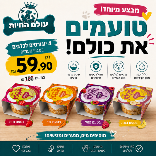 טועמים את כולם! 4 יוגורטים לכלבים במגוון טעמים רק ב־59.90 ₪